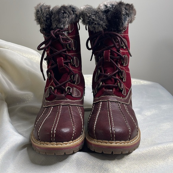 Burgundy Red Lace Up Zip Winter Boots Faux Fur Leather Suede 9 - Picture 3 of 8